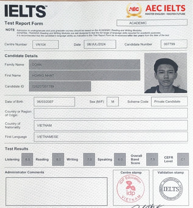 chứng chỉ ielts 7.5 của học viên Đoàn Hoàng Nhật, học viên AEC English